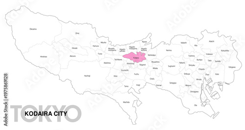 [日本地図] 東京都小平市の市区町村名入り位置地図 (英語)
