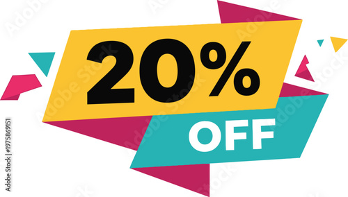 A colorful graphic illustration of a 20 percent discount offer on a white background