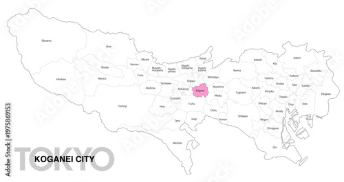 [日本地図] 東京都小金井市の市区町村名入り位置地図 (英語)
