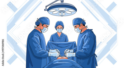 Surgical Team Performing Operation in Modern Operating Room Under Surgical Lamp