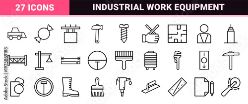Construction and industrial tools outline icon set