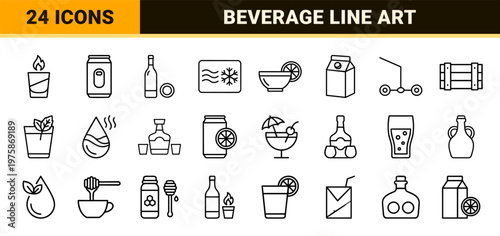 Minimalist beverage and drink industry line icons set