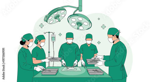 Surgical Team Performing Operation in Modern Operating Room with Bright Lights