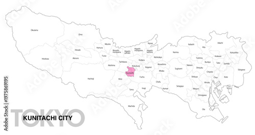 [日本地図] 東京都国立市の市区町村名入り位置地図 (英語)