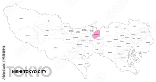 [日本地図] 東京都西東京市の市区町村名入り位置地図 (英語)