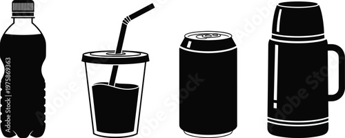Black and white icons of a soda bottle, cup with straw, can, and thermos drink