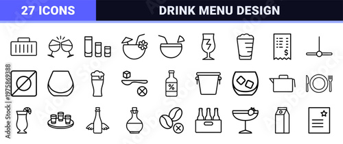Minimalist beverage and drink outline icon set for cafe and bar menus