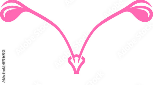 Abstrakte rosa Grafik mit symmetrischen, geschwungenen Linien und einem herzförmigen Zentrum, die an eine stilisierte Blüte oder ein Emblem erinnert.