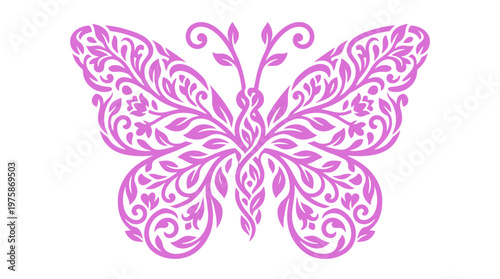 Detaillierte Schmetterlingsillustration mit floralen und blättrigen Mustern in Lila.