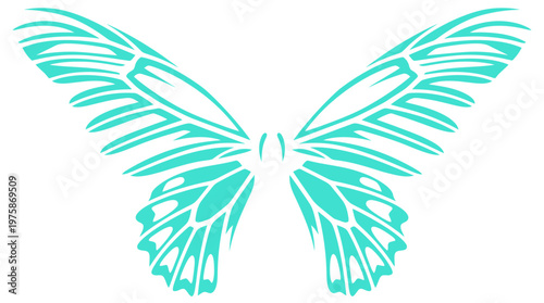 Stilisierte Schmetterlingsflügel in Türkis auf weißem Hintergrund, detailliert und symmetrisch dargestellt.