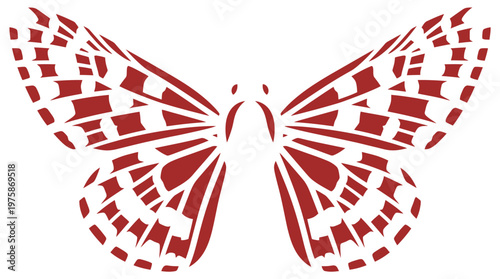 Stylized red butterfly vector illustration. Features a symmetrical pattern of abstract shapes forming the wings and body. Minimalist graphic for nature, beauty, and transformation concepts.