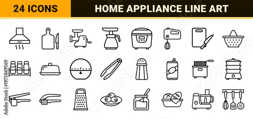 Kitchen appliances and cooking utensils line icon grid