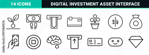 Minimalist finance and investment outline icons for banking and business.