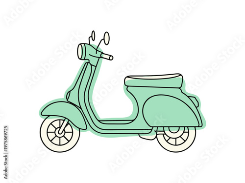 A minimalist hand-drawn illustration of a classic retro motor scooter with a mint green color accent. Ideal for travel, delivery, and lifestyle themes.