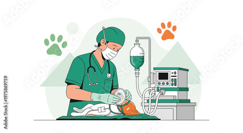 Veterinarian Performing Surgery on Dog with Anesthesia Machine and IV Drip
