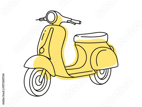 A stylish hand-drawn vector illustration of a yellow vintage motor scooter in a minimalist line art style. Perfect for urban travel and retro themes.
