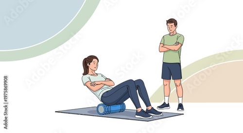 Woman doing abdominal exercise with trainer watching, fitness and health concept