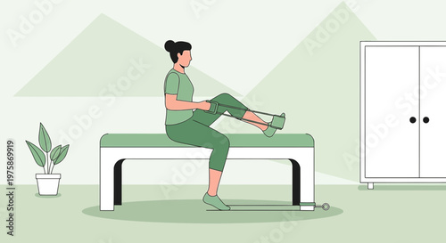 Woman doing leg exercises with resistance band on bench, home fitness