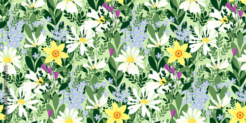 seamless pattern with spring flowers. cute flowers in a naive flat style. spring Easter background. stock vector illustration. EPS 10.