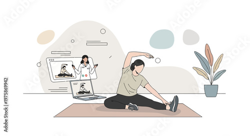 Woman doing online yoga class with instructor on laptop, home fitness, healthy lifestyle