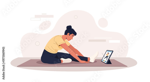 Woman doing online yoga class at home, stretching on mat, following tablet tutorial