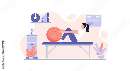 Woman doing physical therapy exercise with a ball on a table in a clinic