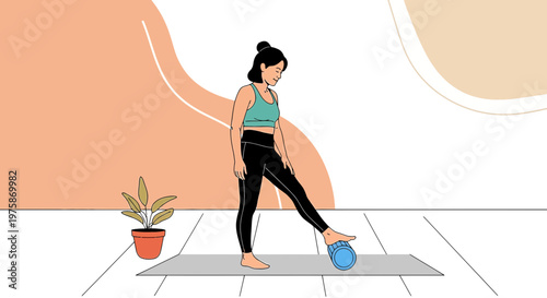 Woman doing Pilates exercise with a small ball on a yoga mat, home workout