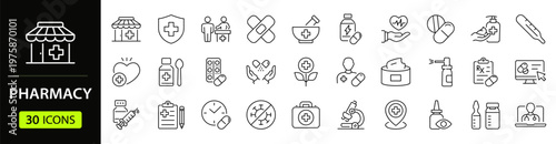 Pharmacy Web Icon Set in Linear Style. Collection of pharmaceutical, line icons, including pills, medicine, medication, treatment, syringe, prescription, pharmacist, medical and more. Editable stroke