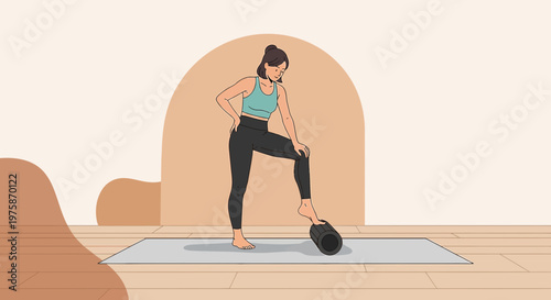 Woman Foam Rolling Leg Muscles for Recovery and Flexibility on Yoga Mat