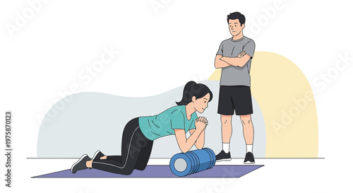 Woman Foam Rolling With Trainer Watching