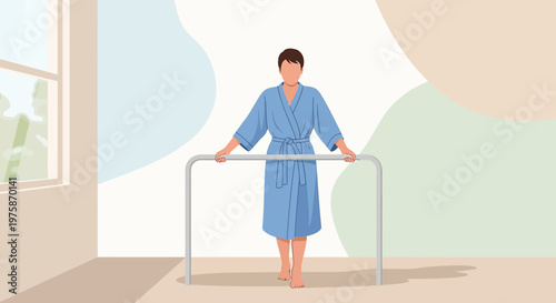 Woman in blue robe practicing balance at a barre in a bright room, rehabilitation concept