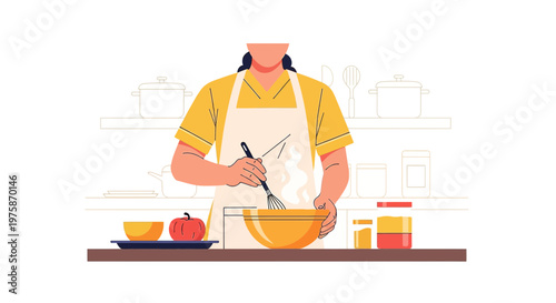 Woman in Apron Whisking Ingredients in Bowl, Cooking at Home Kitchen Counter