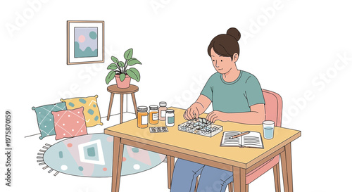 Woman organizing daily medication in pill organizer at home table