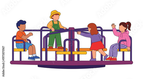 Diverse group of happy children playing on a colorful merry-go-round. Vector illustration of kids having fun together at a playground. For childhood concepts.