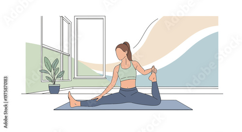 Woman practicing yoga in a bright room, stretching on a mat