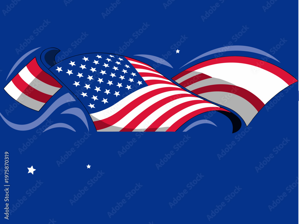 Fototapeta premium United States flag Banner. Waving American flag on blue background. Vector Illustration.
