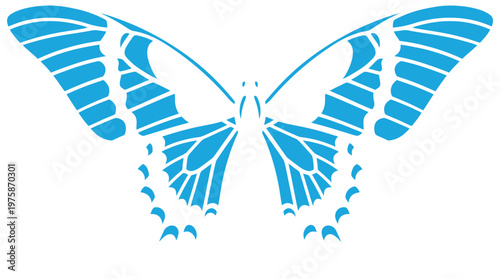 Stilisiertes blaues Schmetterlings-Piktogramm mit detaillierten Flügelmustern auf weißem Hintergrund.