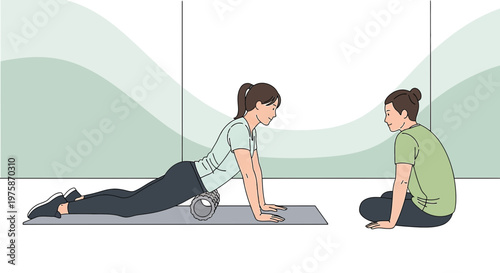 Woman uses foam roller for back pain relief with trainer observing