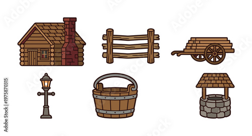A charming vector icon set of rustic village objects. Includes a log cabin, well, cart, and fence. Perfect for games, fantasy themes, or historical designs.
