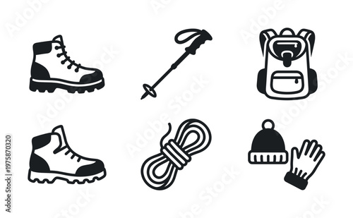 A set of monochrome vector icons for hiking and camping. Includes boots, backpack, rope, and trekking pole. Perfect for travel websites, apps, and outdoor adventure gear.