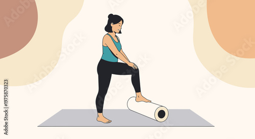 Woman uses foam roller for leg massage and muscle recovery after workout