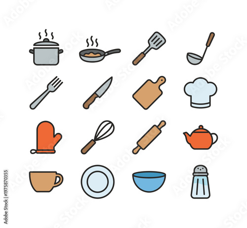 Collection of colorful kitchen utensils and cooking tools icons. Vector set for culinary blogs, restaurant menus, or food app design. Simple modern graphic elements.