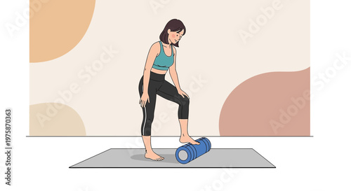 Woman using foam roller on foot for muscle recovery and flexibility