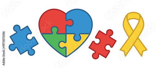 Vector icon set for Autism Awareness Month. Features a colorful puzzle heart, pieces, and a ribbon, symbolizing support, love, and acceptance for the ASD community.