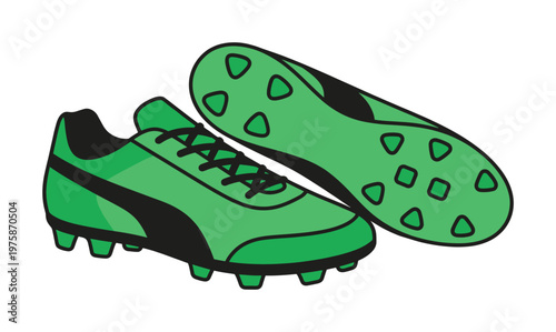 Vector illustration of a pair of green and black soccer cleats. Professional sports equipment for football players. Ideal for team logos or athletic design.