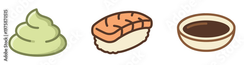 Cute Japanese food icon set. Sushi, wasabi, and soy sauce illustrations for restaurant menus, websites, or food blogs. Simple flat vector graphic design.