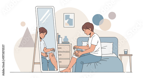 Young Person Applying Bandage to Knee in Bedroom, Reflection in Mirror