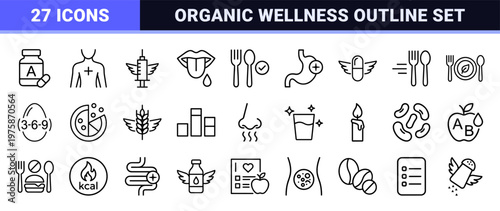 Healthy nutrition and diet icons set in minimalist outline style