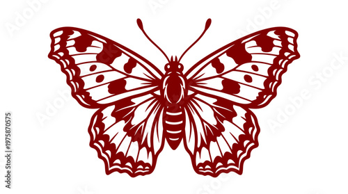 Vintage butterfly vector illustration, dark red insect silhouette with ornate wing patterns, elegant butterfly icon for branding and nature decor