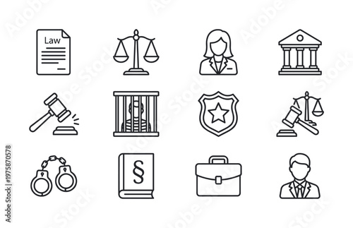Set of law and justice thin line vector icons for court, crime, and legal services. Perfect for web design, apps, and infographics.